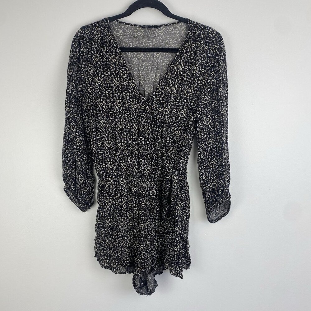 American Eagle Women's Ditsy Floral Faux Wrap Romper Size S Black Long Sleeve